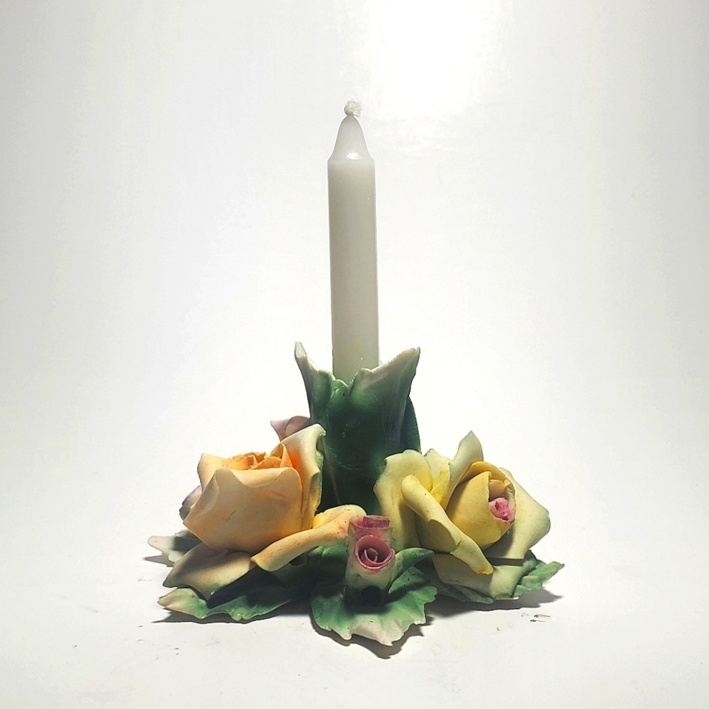 Vintage Capodimonte Porcelain Candle Holder with Delicate Yellow  & Pink Roses